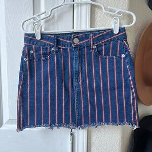 American Eagle Striped Raw Hem Denim Mini Skirt